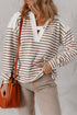 Textured Stripe Notched Button Tab V Neck Drop Shoulder Long Sleeve Top